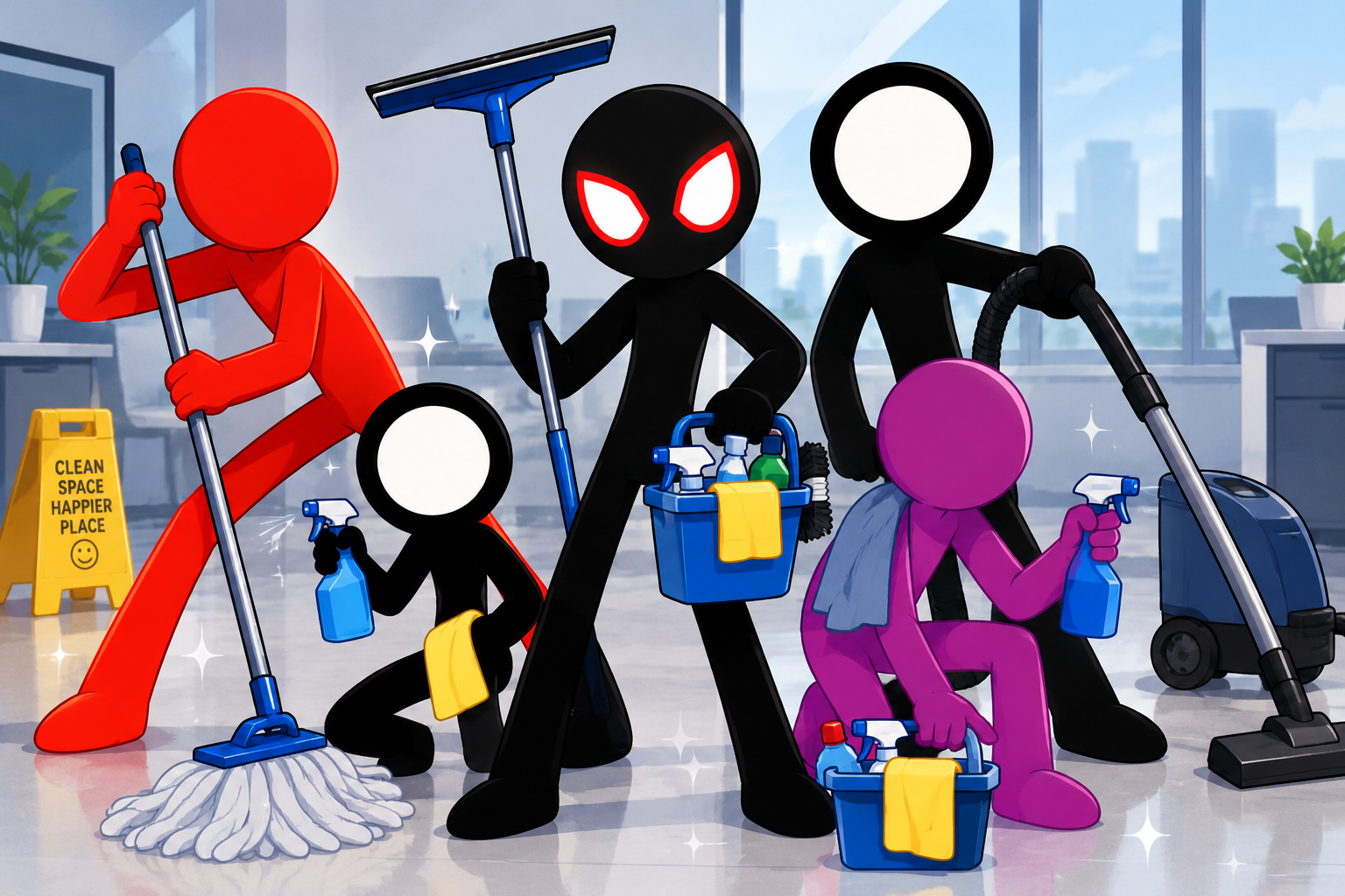 Cleaner at work in a bright room